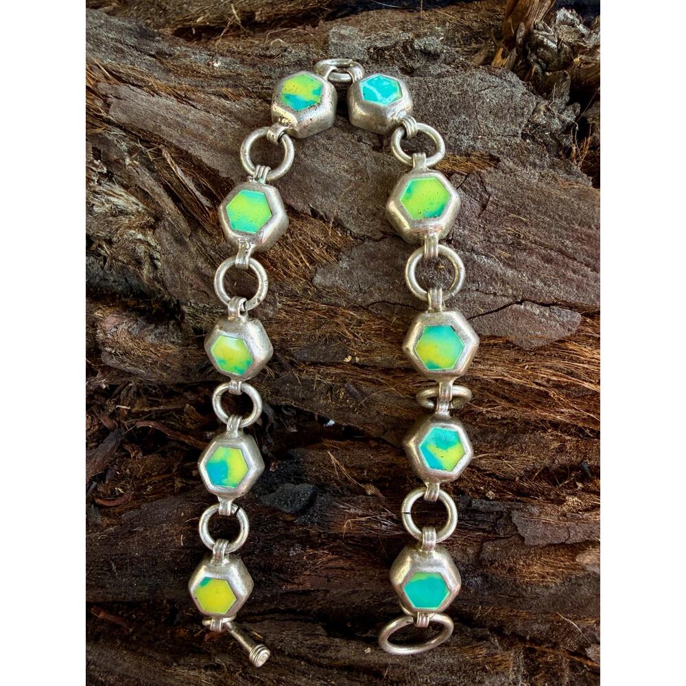 Vintage Sterling Silver Calcite Hexagon Bracelet | Boho Statement Toggle Clasp